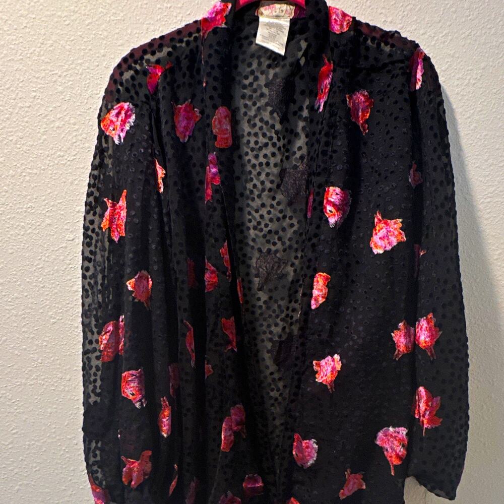 Feee people Women's Sheer Chiffon Floral Kimono Shawl/Wrap Black Pink 0086